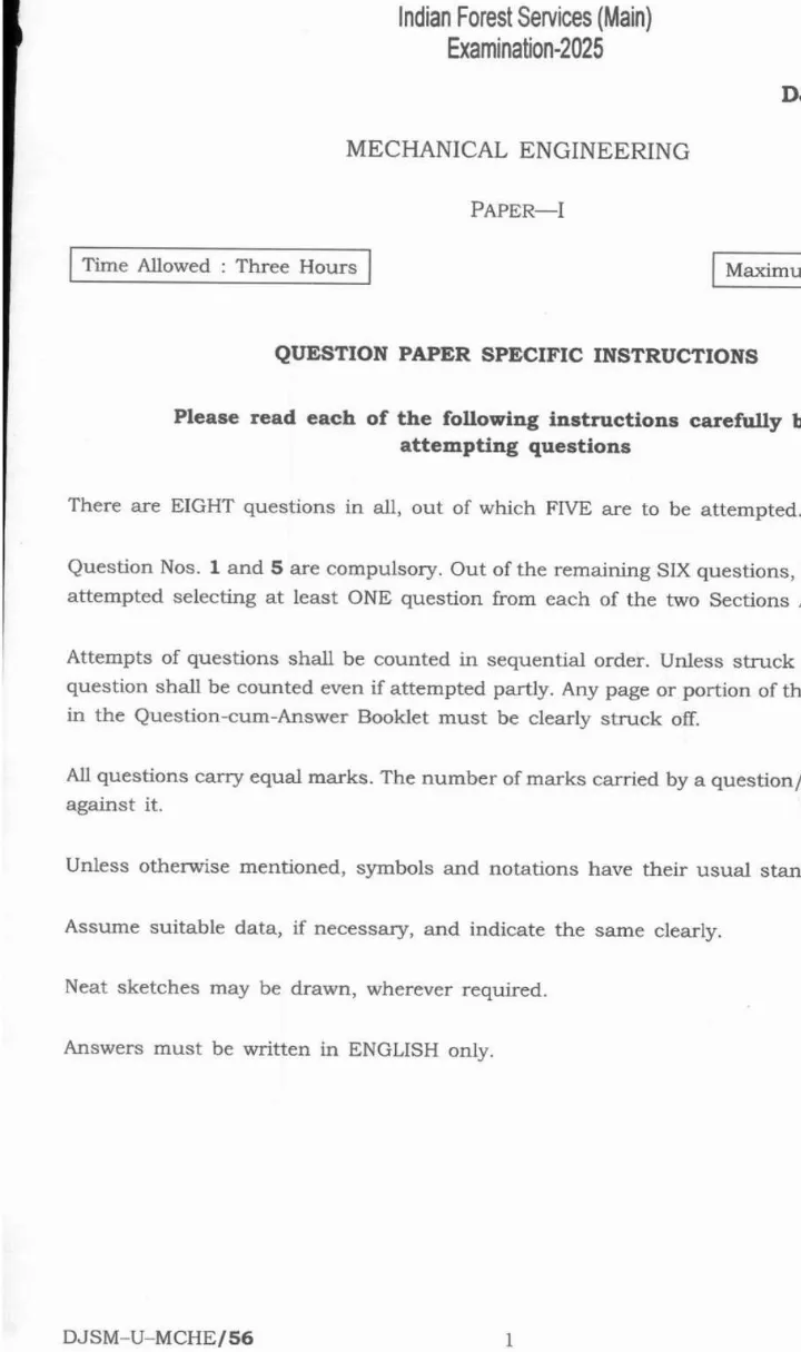 Indian Forest Service Main 2025 Mechanical Engineering Paper I question paper page 1 instructions scan PDF download