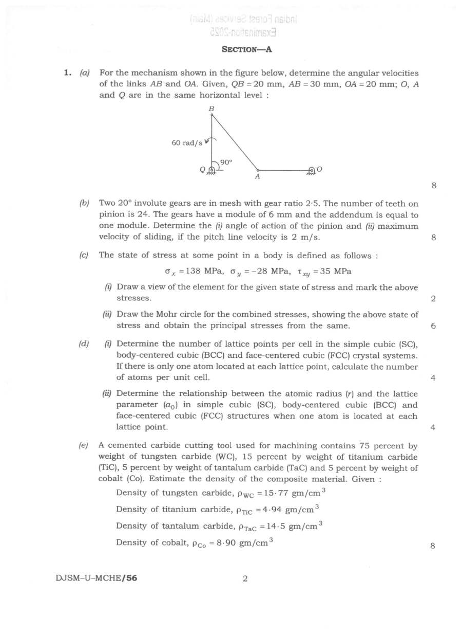 Indian Forest Service Main 2025 Mechanical Engineering Paper I question paper page 1 instructions scan PDF download