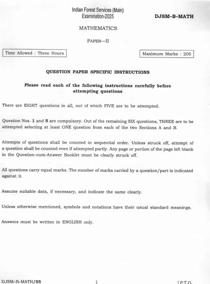 Indian Forest Service (Main) Examination 2025 Mathematics Paper II question paper page 1 instructions scan PDF download