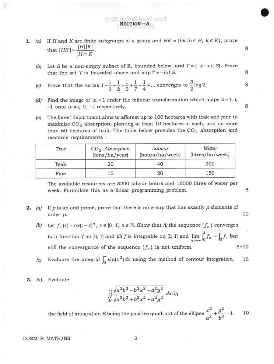 Indian Forest Service (Main) Examination 2025 Mathematics Paper II question paper page 1 instructions scan PDF download