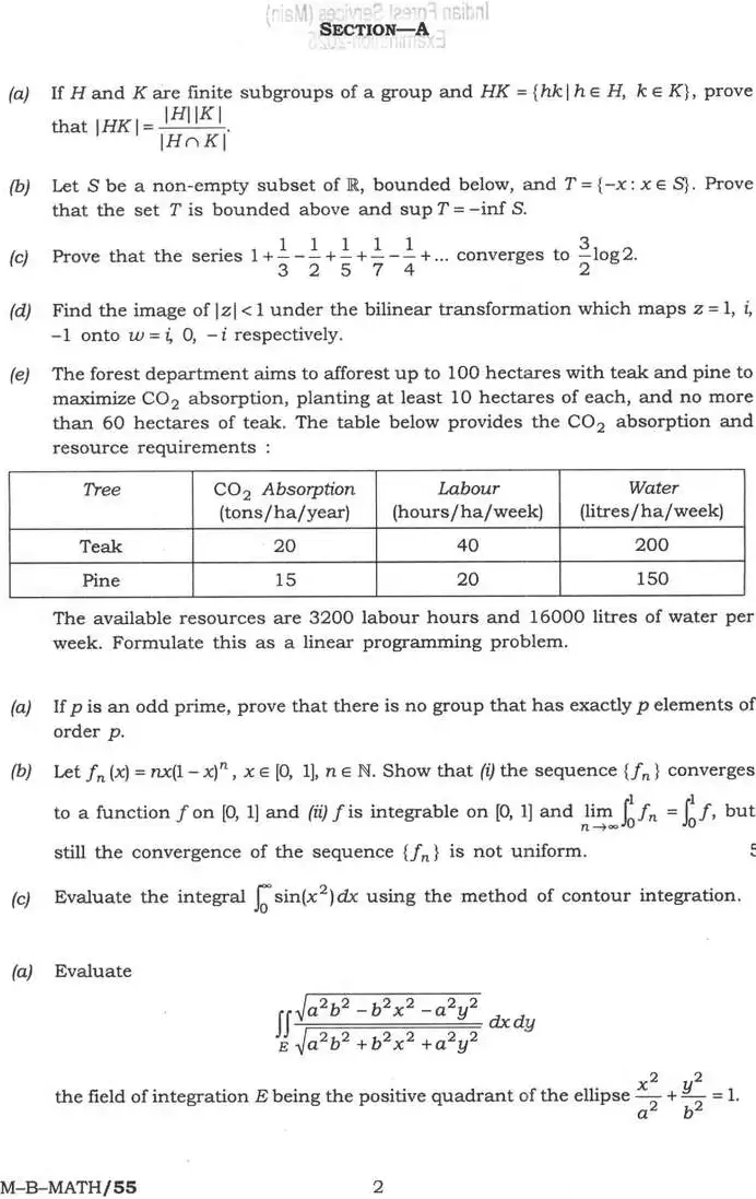 Indian Forest Service (Main) Examination 2025 Mathematics Paper II question paper page 1 instructions scan PDF download