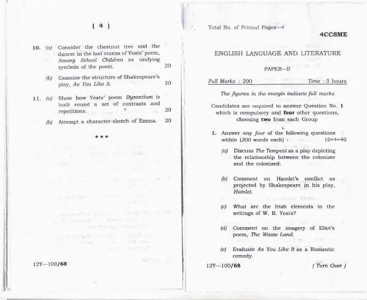 4th Combined Civil Services Main Exam 2012 English Language & Literature Paper II — page 1 instructions scan PDF download