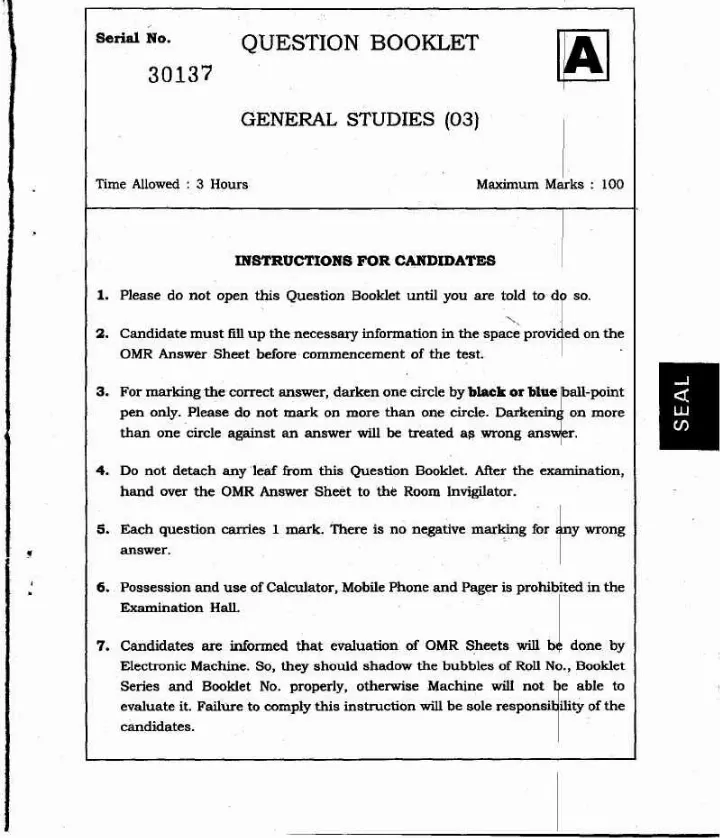 JPSC AE 2013 General Studies question paper page 1 instructions scan PDF download