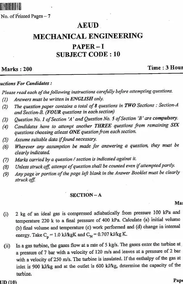 JPSC AE Mechanical Engineering Paper-I 2023 question paper page 1 instructions scan PDF download