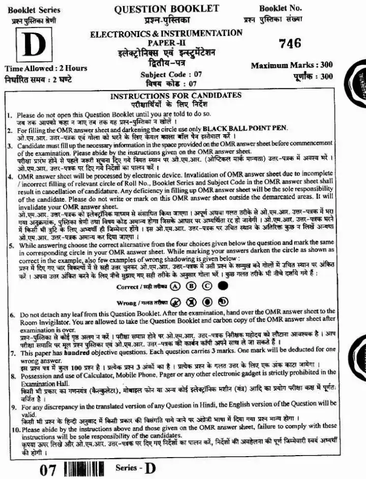 JPSC ASSISTANT DIRECTOR/SENIOR SCIENTIFIC OFFICER Paper II Electronics & Instrumentation question paper page 1 instructions scan PDF download