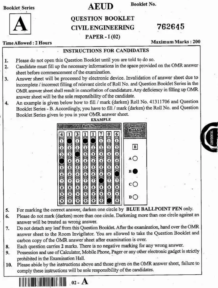 JPSC Assistant Engineer Civil Engineering Paper I 2023 question paper page 1 instructions scan PDF download
