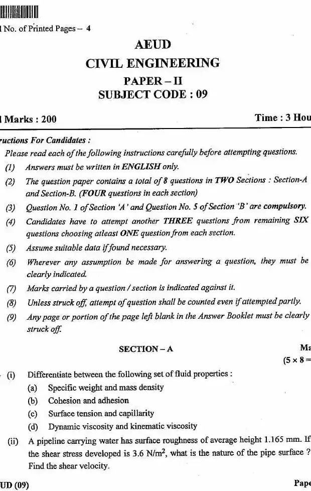 JPSC Assistant Engineer Civil Engineering Paper II 2023 question paper page 1 instructions scan PDF download. Includes exam details and candidate instructions.