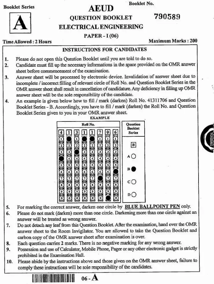 JPSC Assistant Engineer Electrical Engineering Paper I 06 question paper page 1 instructions scan PDF download