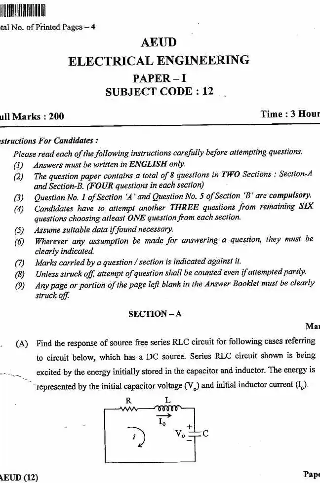 JPSC AE Electrical Engineering Paper-I question paper page 1 scan showing exam header and instructions. PDF download available.