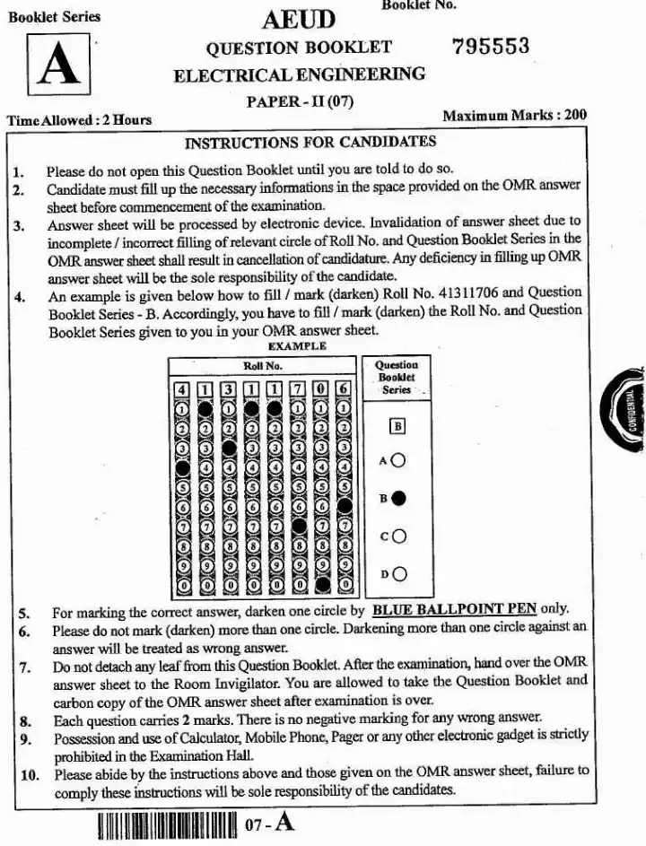 JPSC Assistant Engineer Electrical Engineering Paper II 07 question paper page 1 instructions scan PDF download