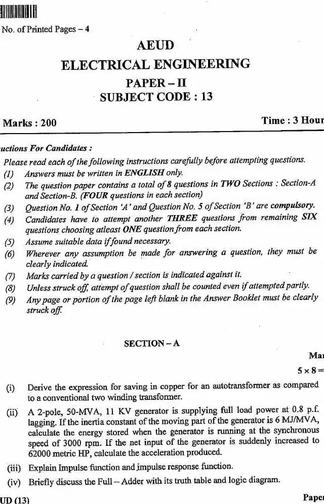 JPSC Assistant Engineer Electrical Engineering Paper II question paper page 1 instructions scan PDF download