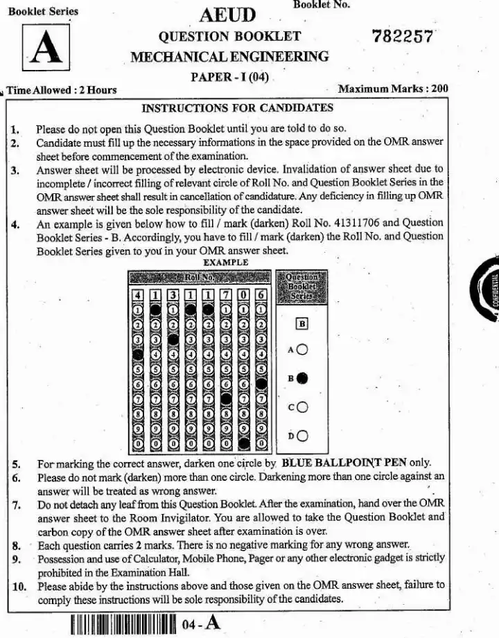 JPSC Assistant Engineer Mechanical Engineering Paper 1 question paper page 1 instructions scan PDF download