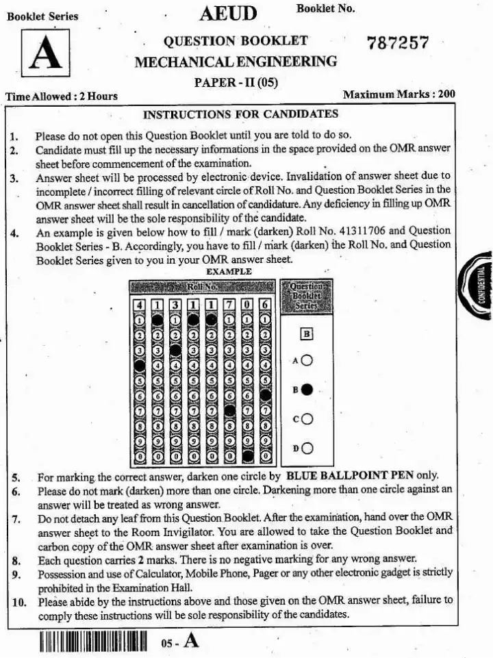 JPSC Assistant Engineer Mechanical Engineering Paper II 05 question paper page 1 instructions scan PDF download