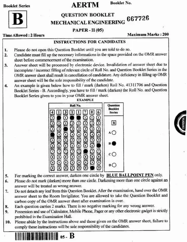 JPSC AE Mechanical Engineering Paper II objective question paper page 1 instructions scan PDF download