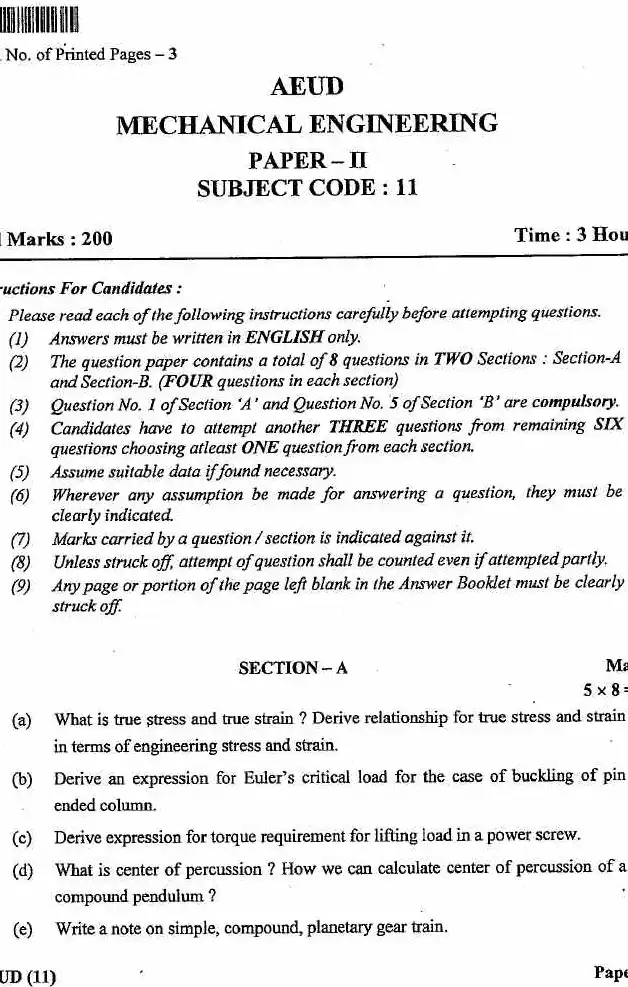 JPSC Assistant Engineer Mechanical Engineering Paper II question paper page 1 instructions scan PDF download