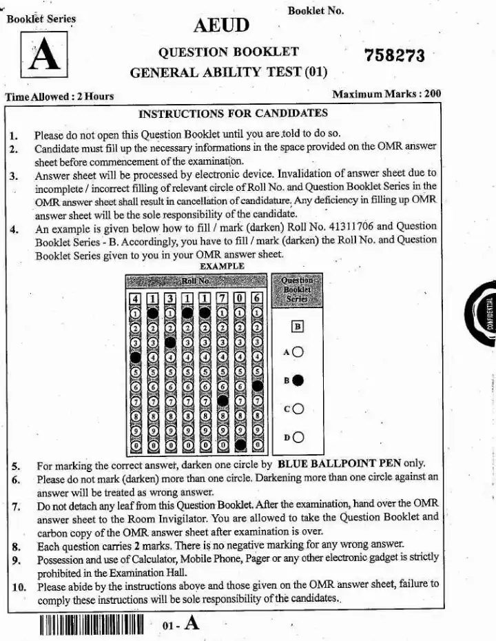 JPSC Assistant Engineer Written Exam 2018/2019 General Ability Test question paper page 1 instructions scan PDF download