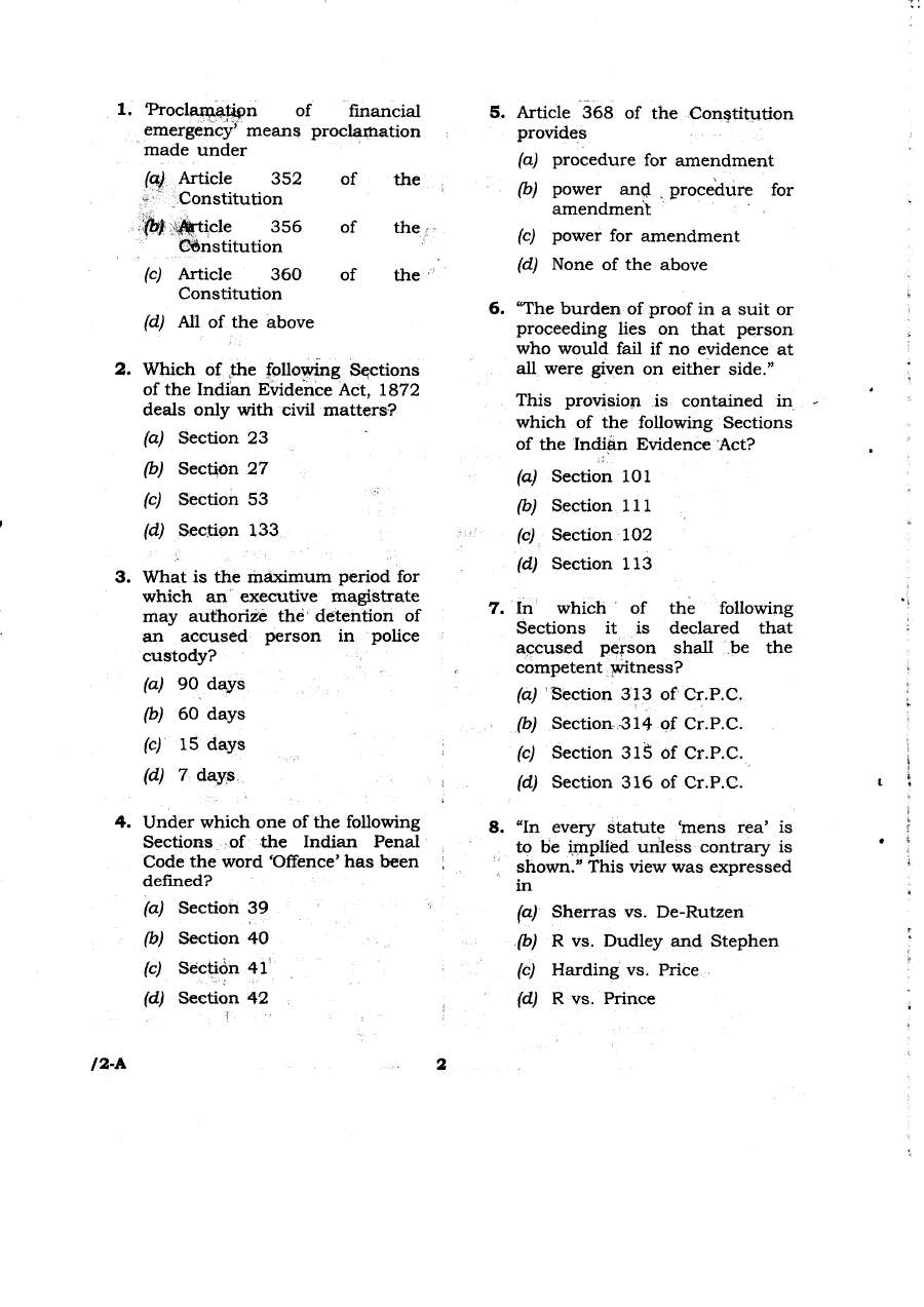 JPSC Assistant Public Prosecutor PT Exam 2012 Law question paper page 1 instructions and exam header scan PDF download