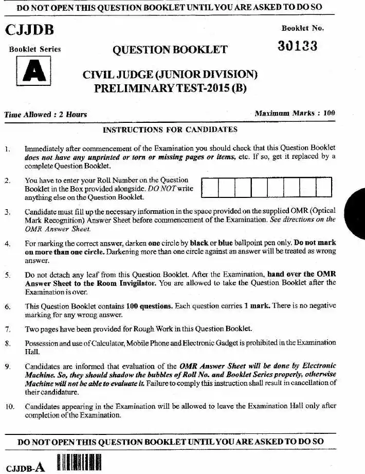 JPSC Civil Judge Prelims 2015 Question Paper with Answers — page 1 instructions scan PDF download