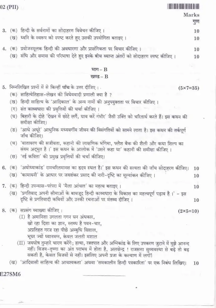 JPSC Civil Services Main Exam 2016 Hindi Language and Literature Paper II question paper page 1 instructions scan PDF download