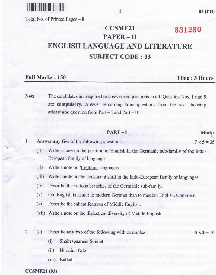 JPSC Civil Services Main Exam 2021 English Language and Literature question paper page 1 scan PDF download, showing exam details, subject code, marks, time, and instructions.