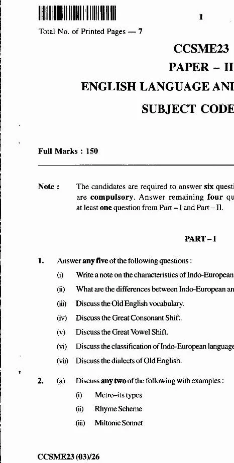 JPSC Civil Services Main Exam 2023 English Language and Literature Paper II question paper page 1 instructions scan PDF download
