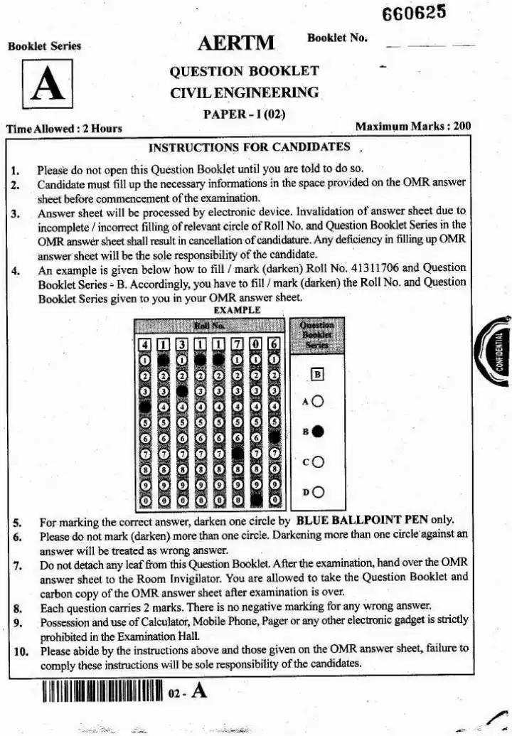 JPSC Combined Assistant Engineer Civil Engineering Paper I question paper page 1 instructions scan PDF download. Includes exam header, marks, time, and candidate instructions.