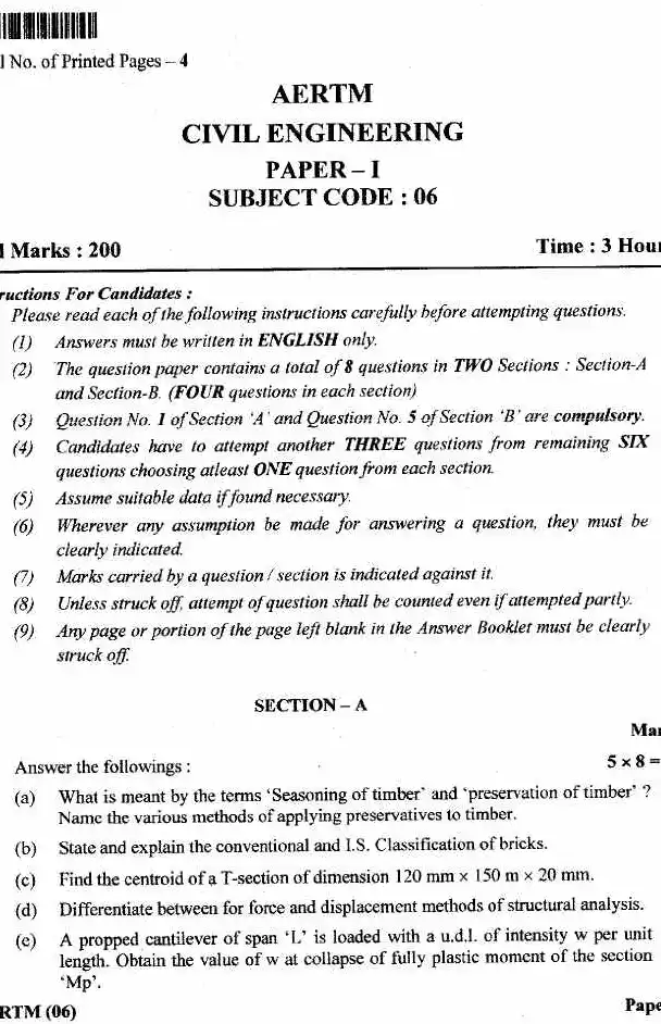 JPSC AE Main Civil Engineering Paper-I question paper page 1 instructions scan PDF download