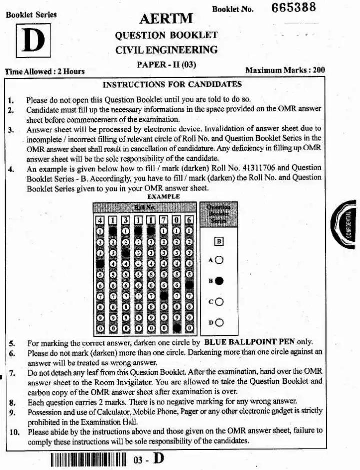 JPSC Combined Assistant Engineer (Main Examination) Civil Engineering Paper II 2019 question paper page 1 instructions scan PDF download