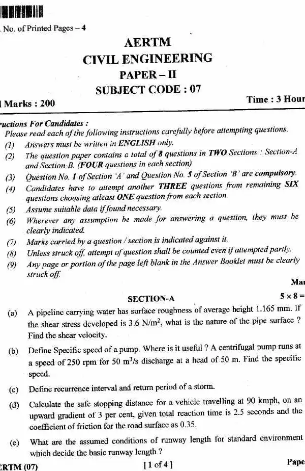 JPSC AE Civil Engineering Paper II 2019 question paper page 1 instructions and exam header scan PDF download. Includes exam name, paper details, time, marks, and candidate instructions in English.