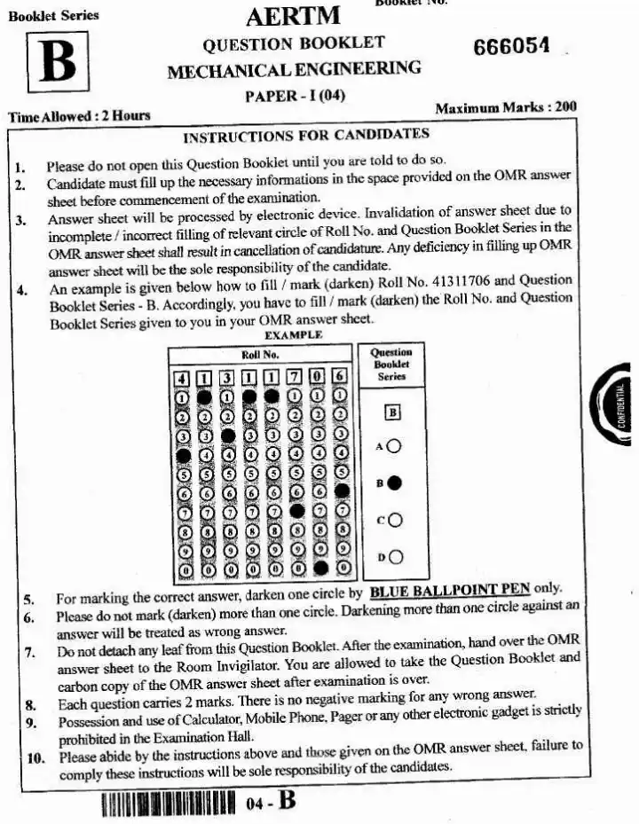 JPSC AE Mechanical Engineering Paper-I objective question paper page 1 instructions scan PDF download