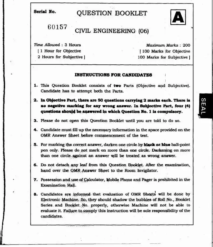 JPSC Combined Assistant Engineers Recruitment Exam 2013 Civil Engineering question paper page 1 instructions scan PDF download