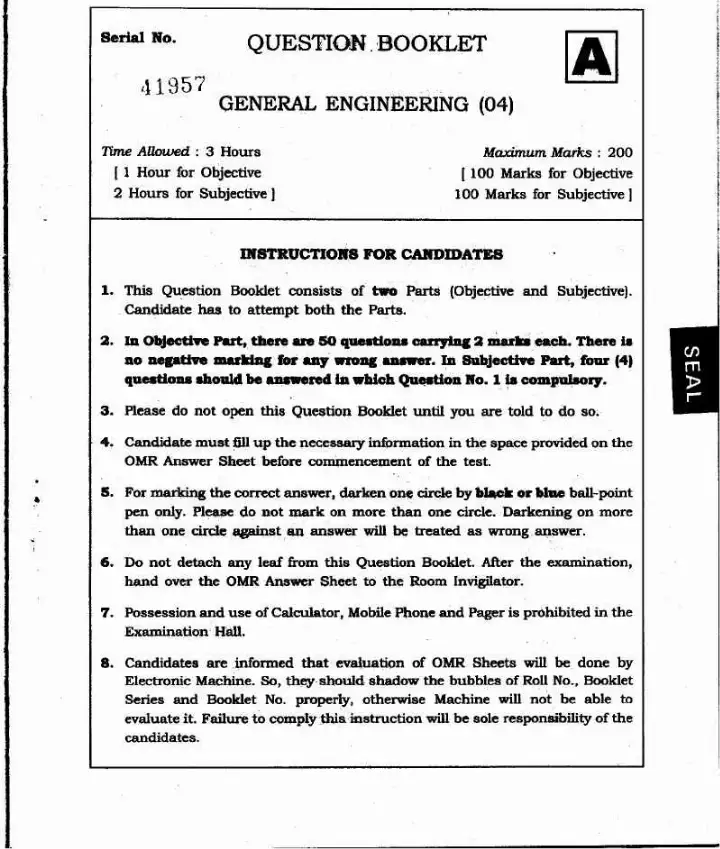 JPSC AE 2013 General Engineering question paper page 1 instructions scan PDF download for Combined Assistant Engineers Recruitment Exam