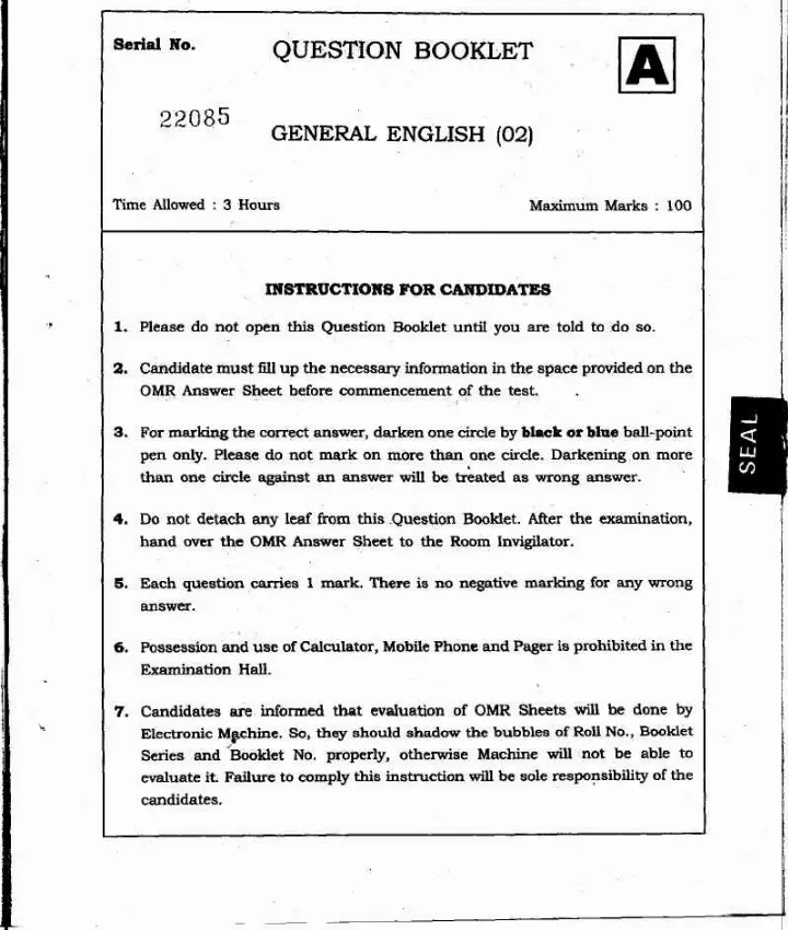 JPSC Combined Assistant Engineers 2013 General English question paper page 1 instructions scan PDF download