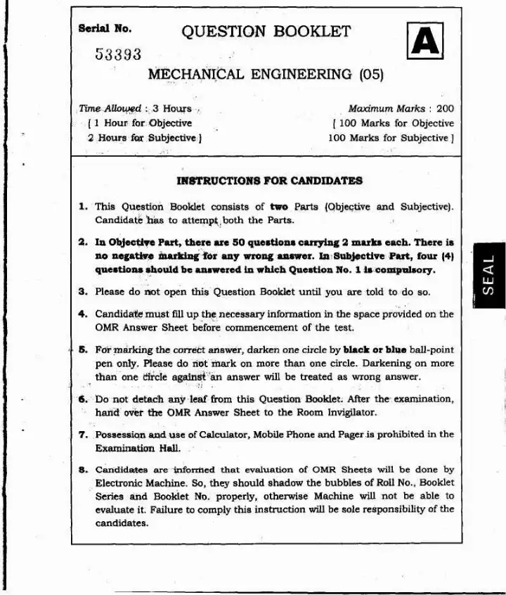 JPSC COMBINED ASSISTANT ENGINEERS RECRUITMENT EXAM 2013 Mechanical Engineering question paper page 1 instructions scan PDF download