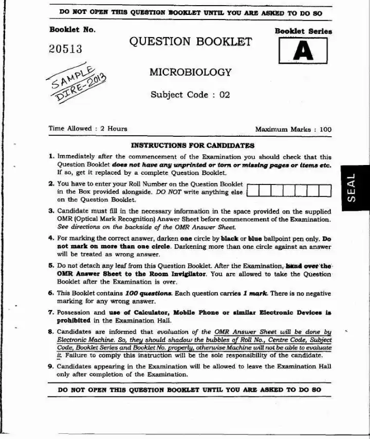 JPSC Drug Inspector Recruitment Exam 2013 Microbiology question paper page 1 instructions scan PDF download