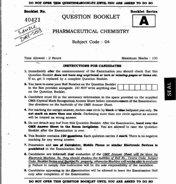 JPSC Drug Inspector 2013 Pharmaceutical Chemistry question paper page 1 instructions scan PDF download