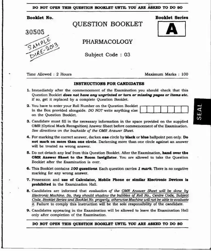 JPSC Drug Inspector 2013 Pharmacology question paper page 1 instructions scan PDF download