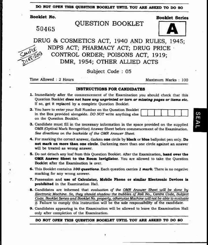 JPSC Drug Inspector Recruitment Exam 2013 question paper page 1 instructions scan PDF download. Includes exam header, booklet series, and candidate instructions.