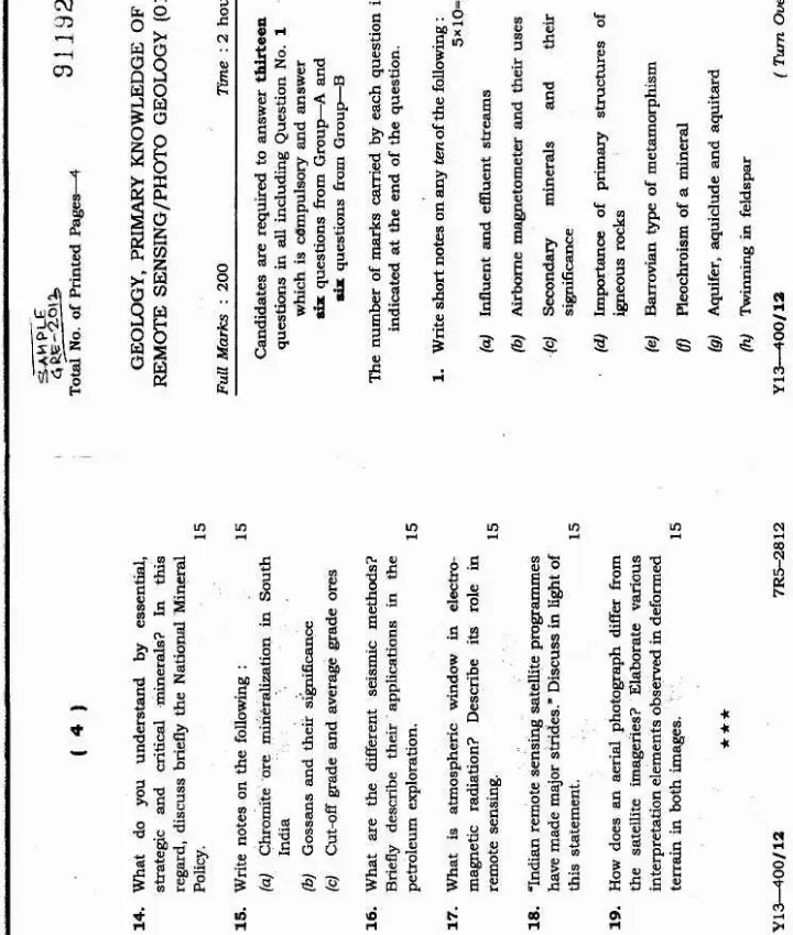 JPSC Geologist Recruitment Exam 2013 Paper 01 page 1 scan, showing exam instructions, header details, time, marks. PDF download available.