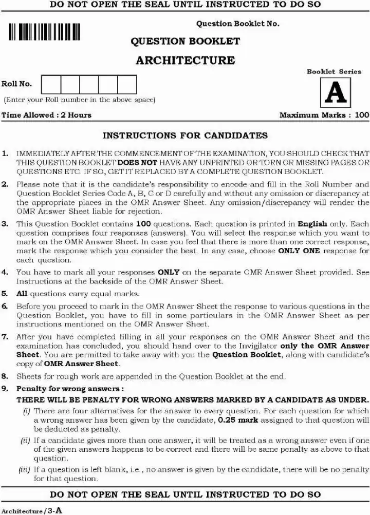 Lecturer in Architecture MCQ Paper 2021 — page 1 instructions scan PDF download