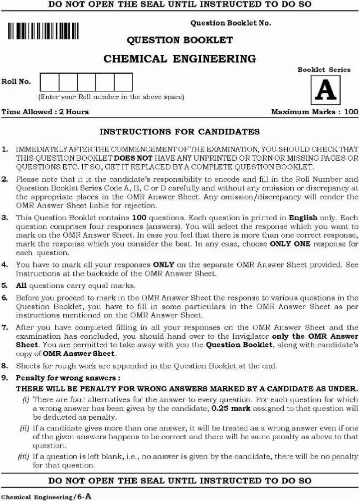 Lecturer in Chemical Engineering (Advt 11/2021) MCQ Paper - Haryana — page 1 instructions scan PDF download
