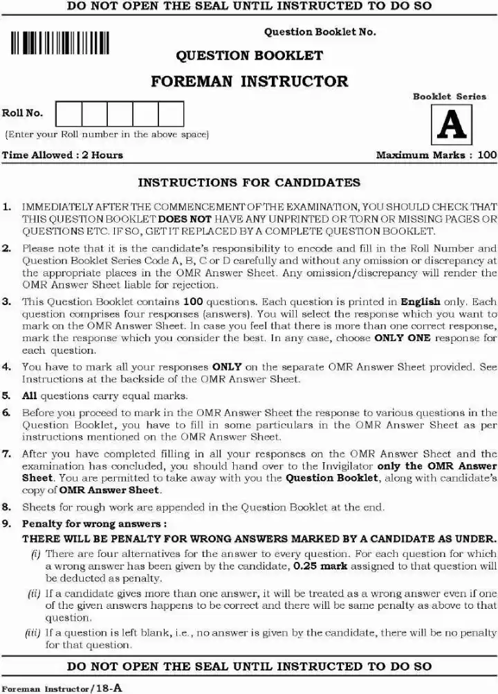 Lecturer Foreman Instructor Exam 2021 – Question Paper — page 1 instructions scan PDF download