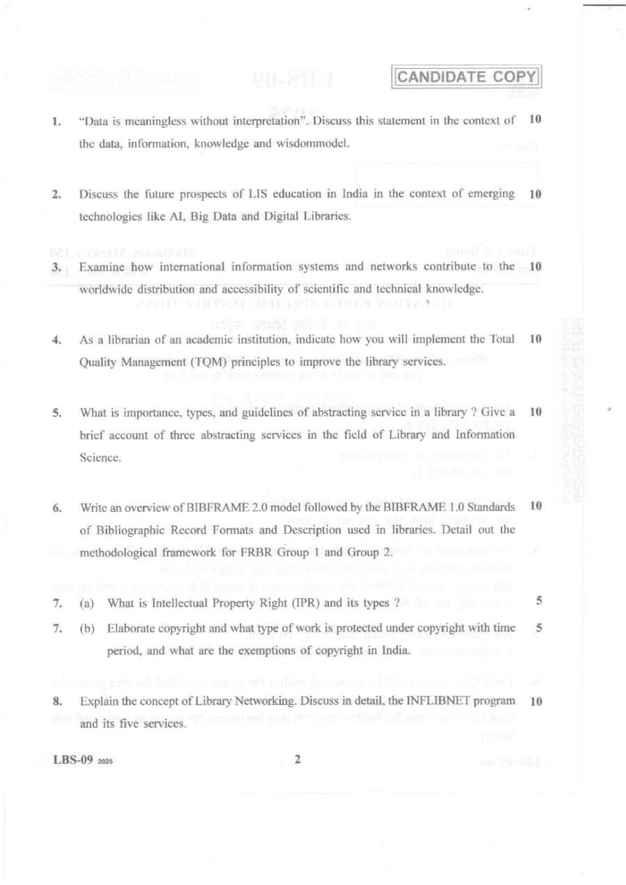 Lecturer in Library Science 2025 Question Paper PDF Download — page 1 instructions scan PDF download