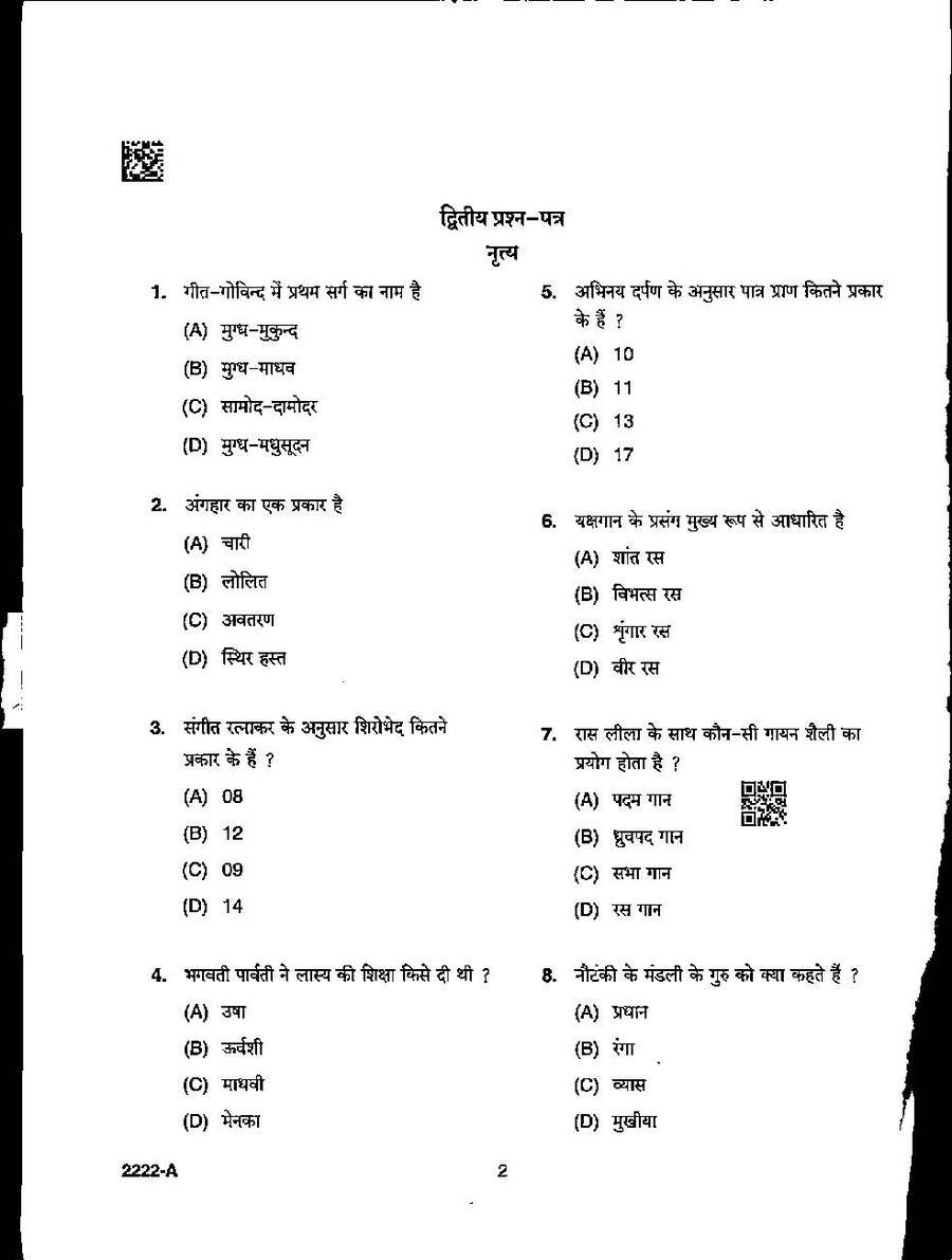 MPPSC Assistant Professor Dance question paper 2022 page 1 instructions scan PDF download