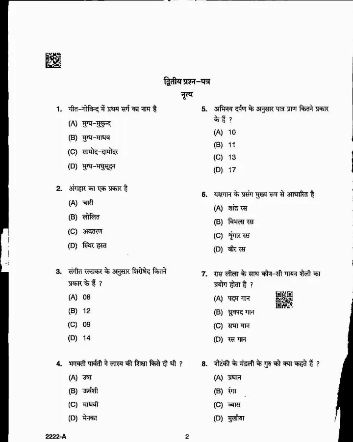 MPPSC Assistant Professor Dance question paper 2022 page 1 instructions scan PDF download