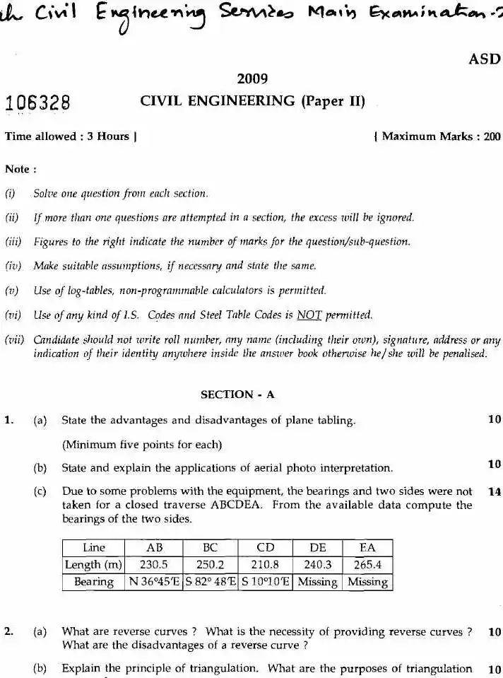 MPSC Civil Engineering Services 2009 Paper II Previous Year Question Paper — page 1 instructions scan PDF download