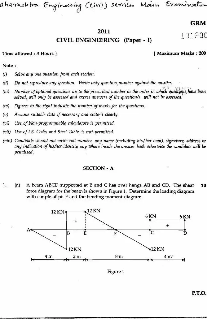 Maharashtra Engineering Civil Services 2011 Paper I Civil Engineering Previous Year Question Paper — page 1 instructions scan PDF download
