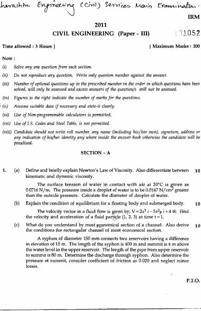 Maharashtra Engineering Civil Services Main Exam 2011 Civil Engineering Paper III — page 1 instructions scan PDF download
