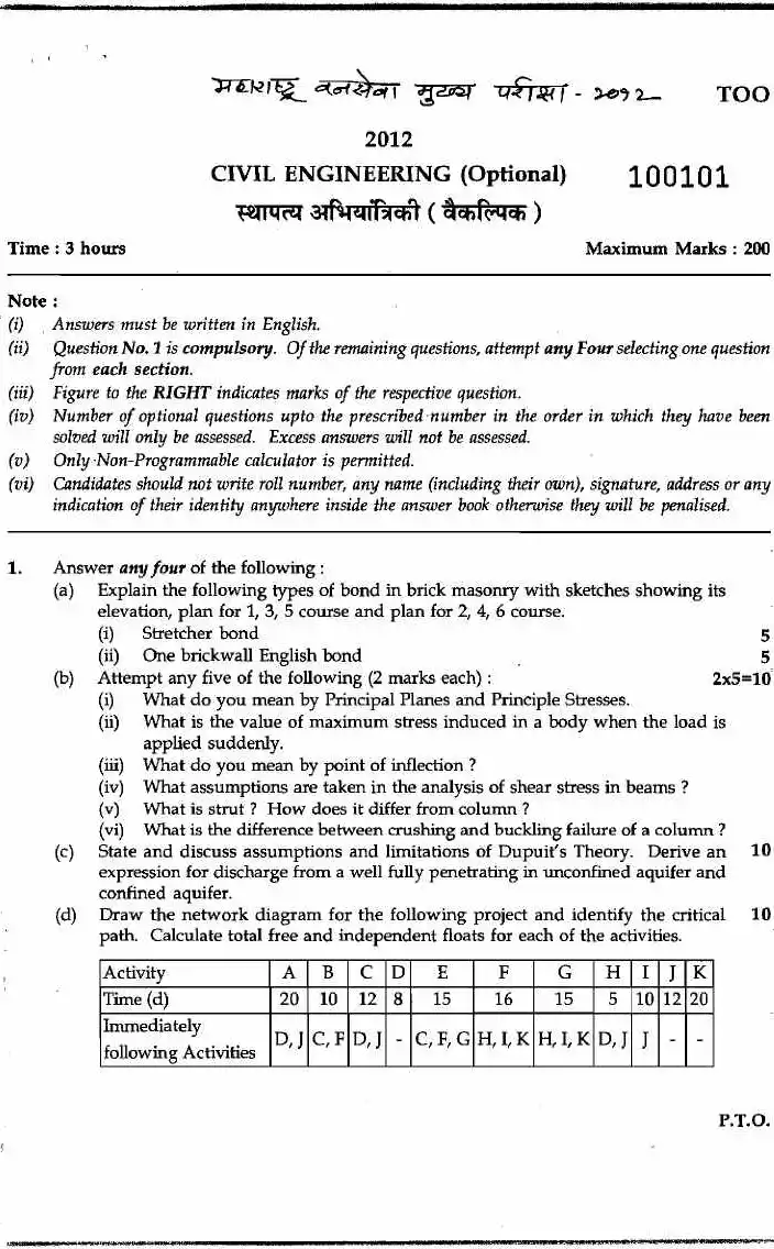Maharashtra Forest Services 2012 Civil Eng (Optional) Paper — page 1 instructions scan PDF download
