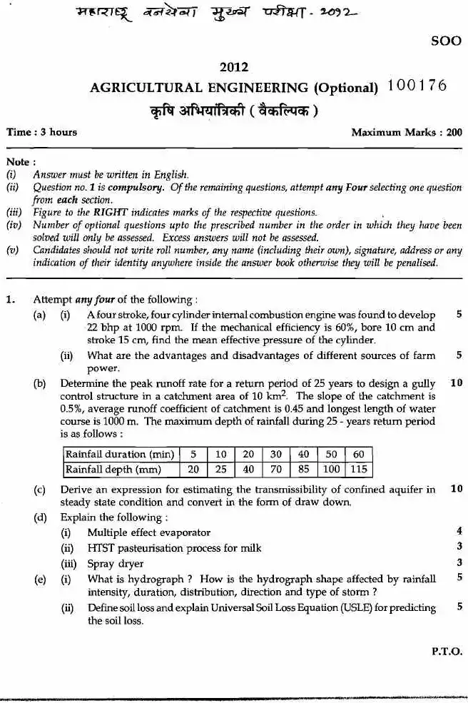 Agricultural Engineering (Optional) Maharashtra 2012 Paper 6102 — page 1 instructions scan PDF download